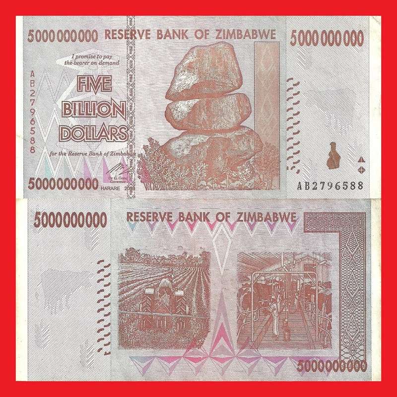 Zimbabwe 5 Billion Dollar Banknote Serial AB2796588 XF