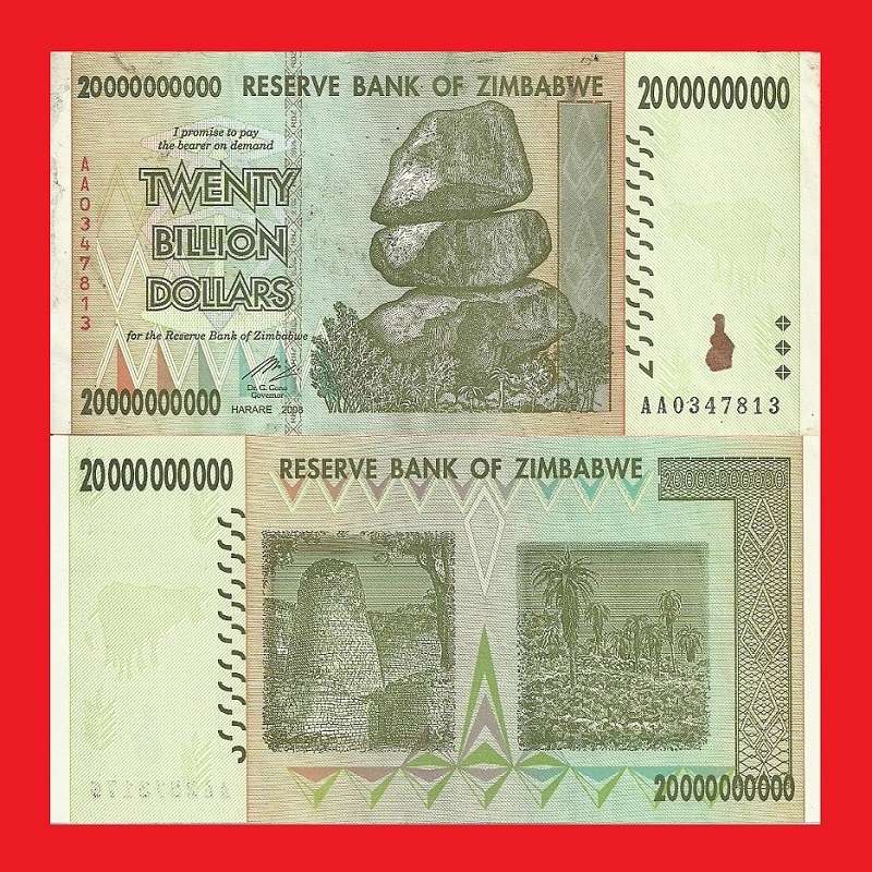 ZIMBABWE 20 Billion Dollar Banknote Serial AA0347813 XF