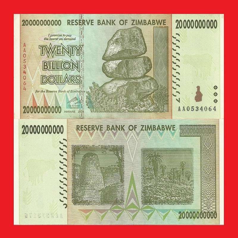 Zimbabwe 20 Billion Dollar Banknote Serial AA0534064 AU