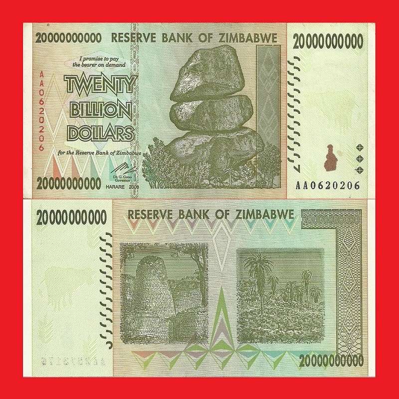 Zimbabwe 20 Billion Dollar Banknote Serial AA0620206 VF