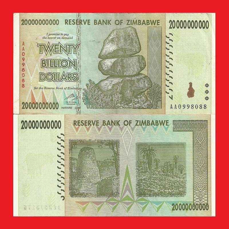 ZIMBABWE 20 Billion Dollar Banknote Serial AA0998088 XF