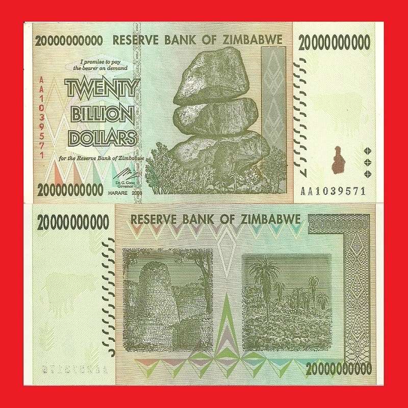 ZIMBABWE 20 Billion Dollar Banknote Serial AA1039571 AU