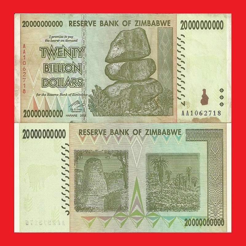 ZIMBABWE 20 Billion Dollar Banknote Serial AA1062718 F