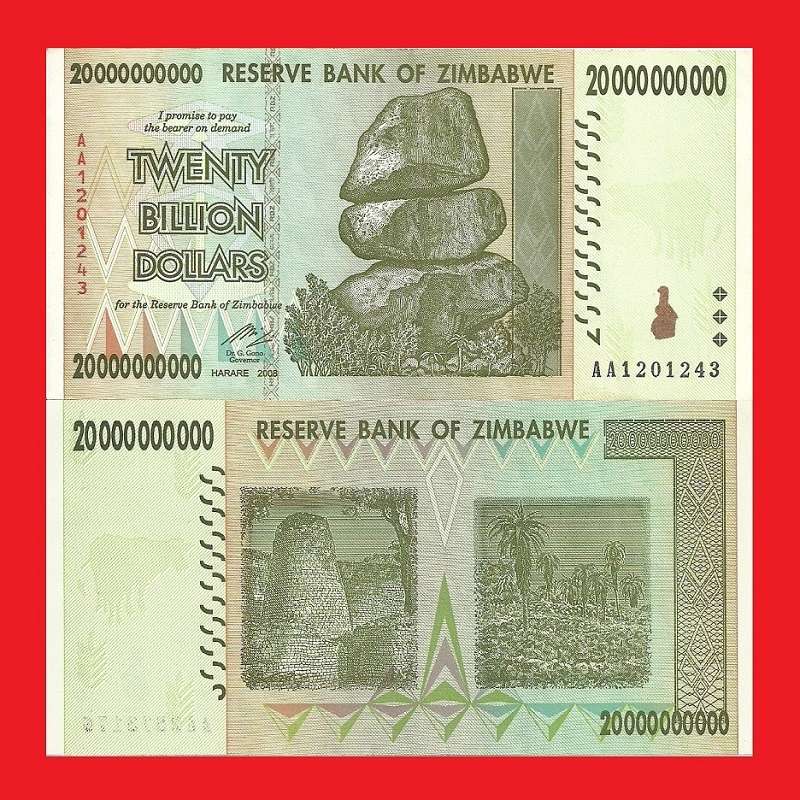 ZIMBABWE 20 Billion Dollar Banknote Serial AA1201243 AU