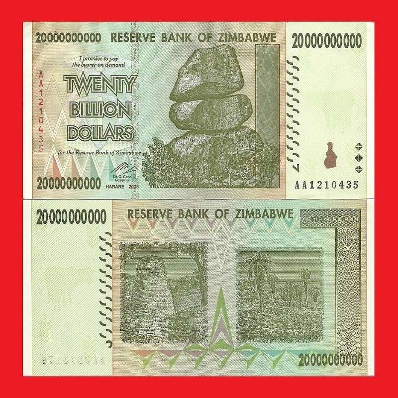 Zimbabwe 20 Billion Dollar Banknotes Serial AA1210435 AU
