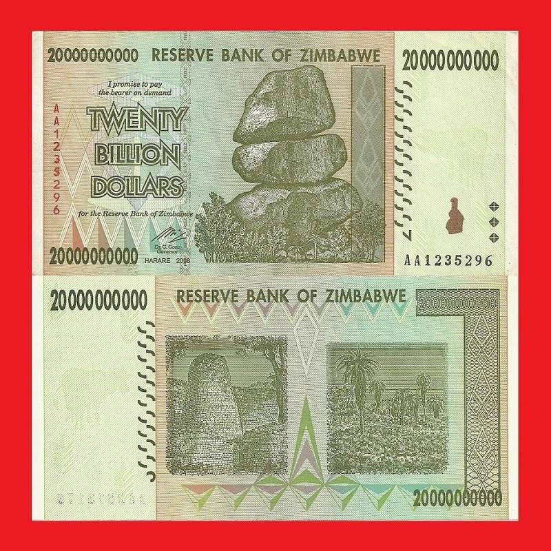 ZIMBABWE 20 Billion Dollar Banknote Serial AA1236296 AU