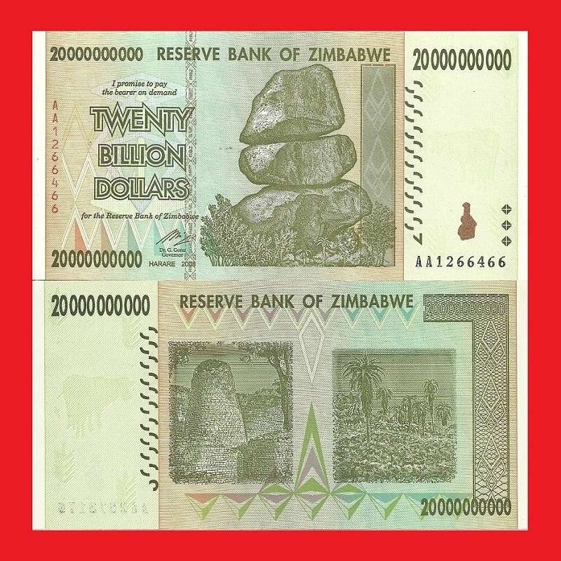 ZIMBABWE 20 Billion Dollar Banknote Serial AA1266466 UNC