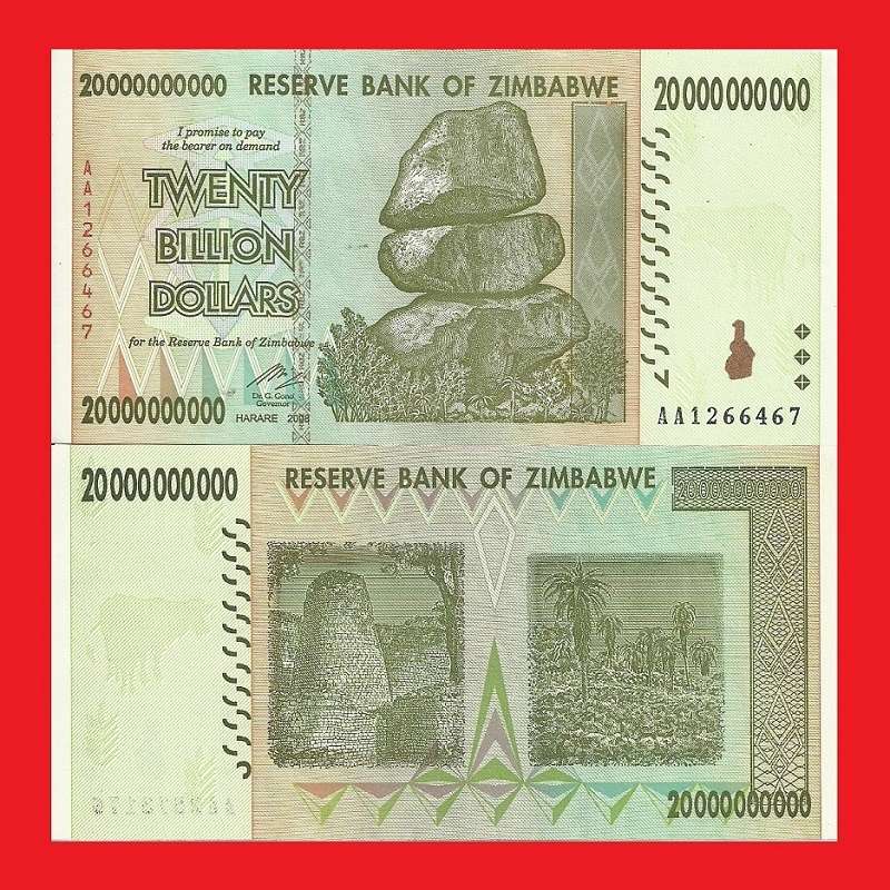 Zimbabwe 20 Billion Dollar Banknote Serial AA1266467 UNC