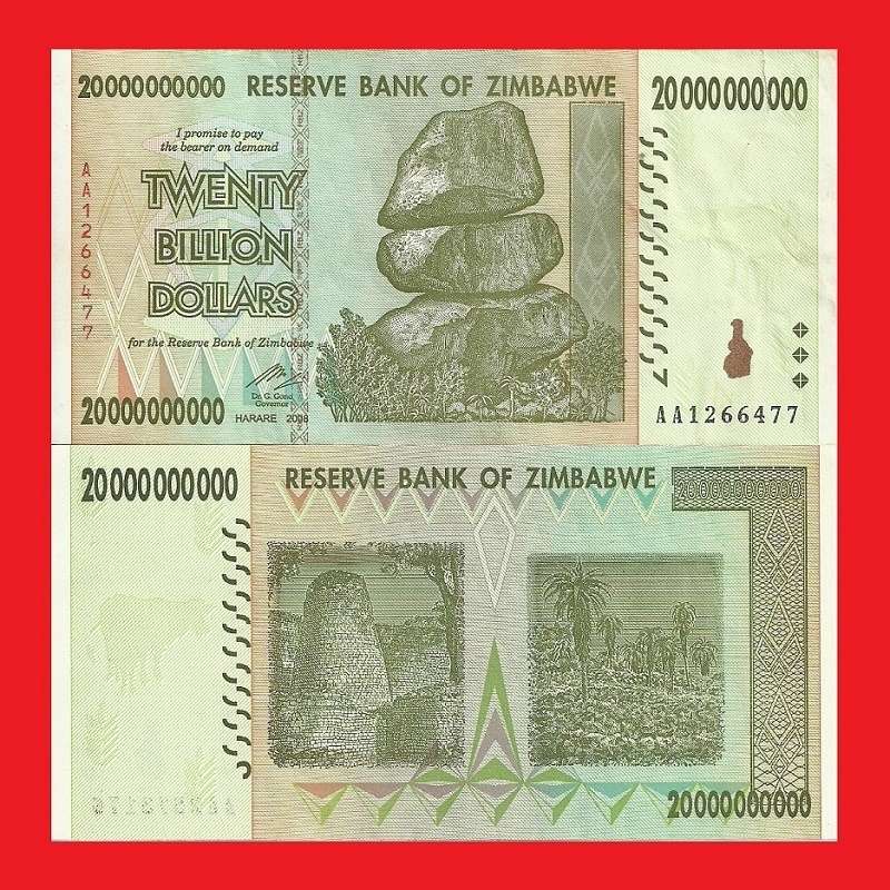 ZIMBABWE 20 Billion Dollar Banknote Serial AA1266477 UNC