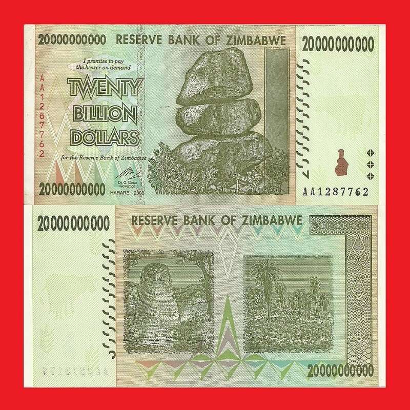 ZIMBABWE 20 Billion Dollar Banknote Serial AA1287762 AU