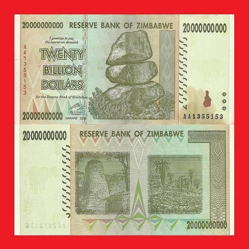 ZIMBABWE 20 Billion Dollar Banknote Serial AA1355153 F