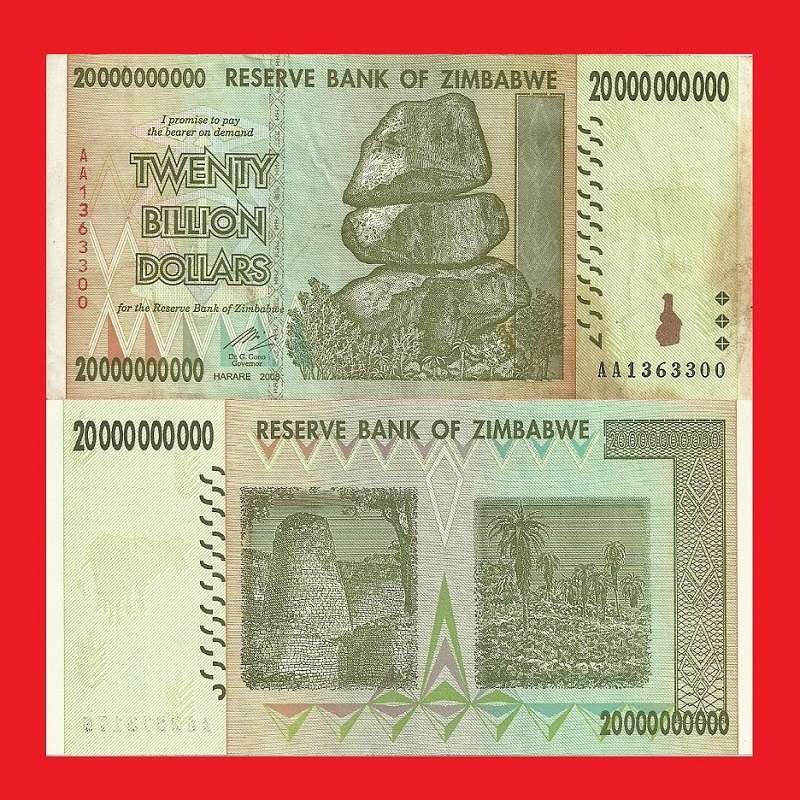 ZIMBABWE 20 Billion Dollar Banknote Serial AA1363300 F