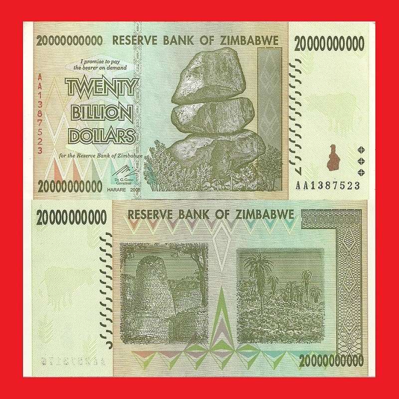 ZIMBABWE 20 Billion Dollar Banknote Serial AA1387523 XF