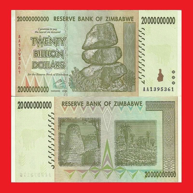 ZIMBABWE 20 Billion Dollar Banknote Serial AA1395361 AU