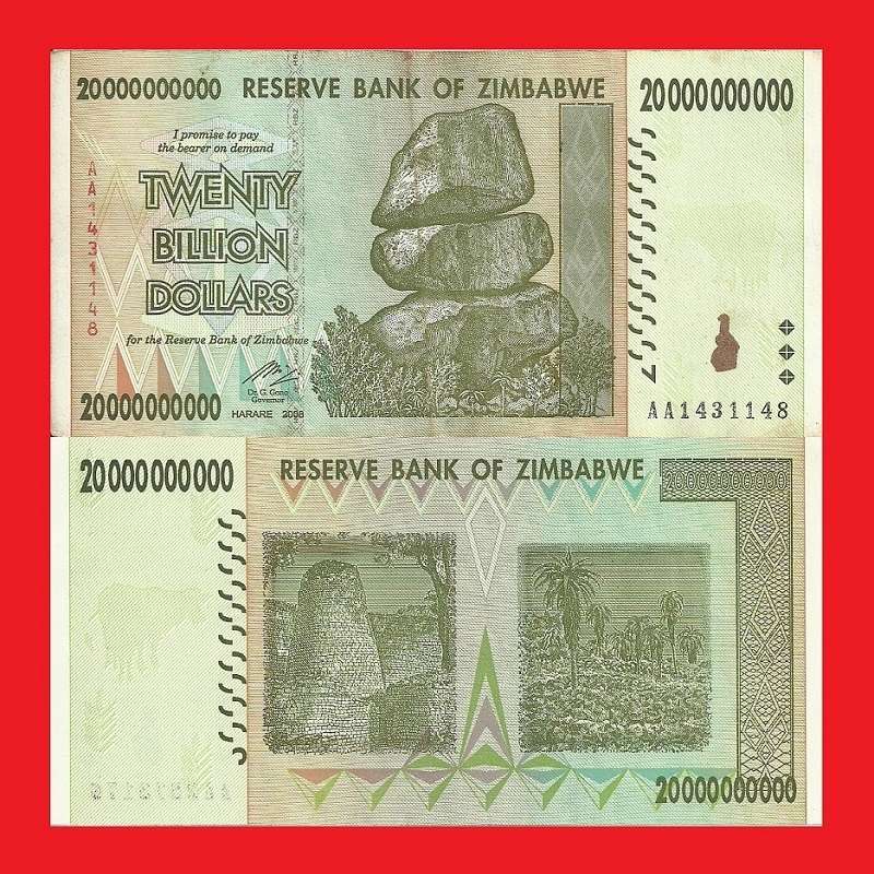 ZIMBABWE 20 Billion Dollar Banknote Serial AA1431148 VF