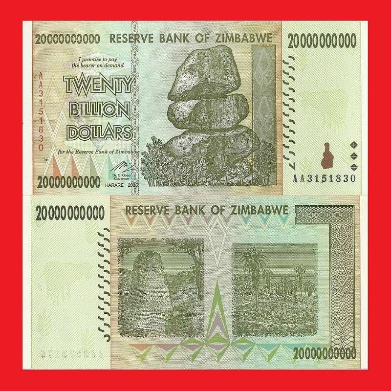 ZIMBABWE 20 Billion Dollar Banknote Serial AA3151830 AU