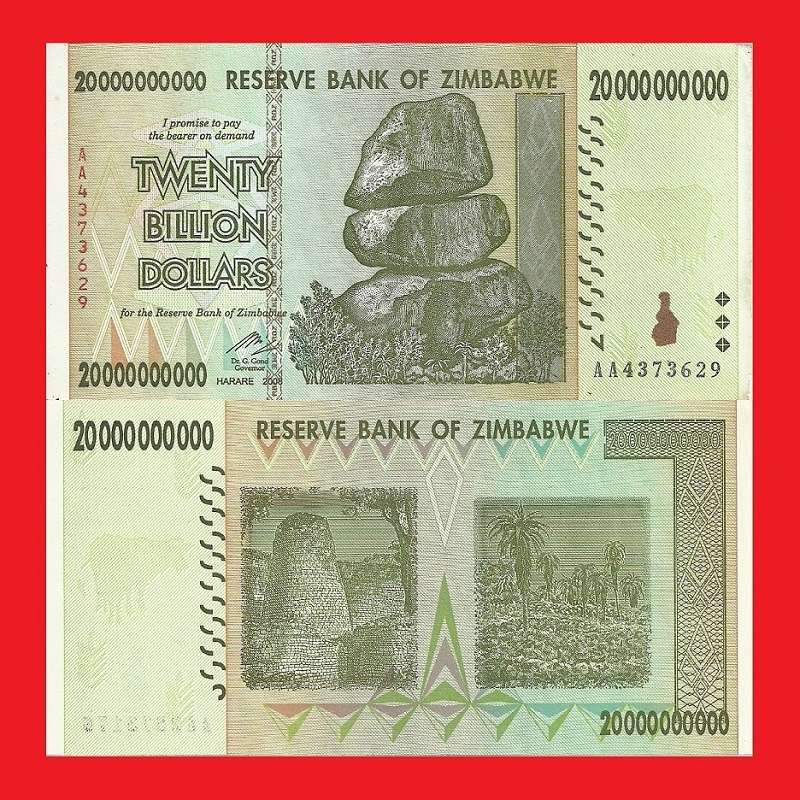ZIMBABWE 20 Billion Dollar Banknote Serial AA4373629 AU