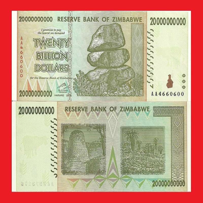 ZIMBABWE 20 Billion Dollar Banknote Serial AA4660600 AU