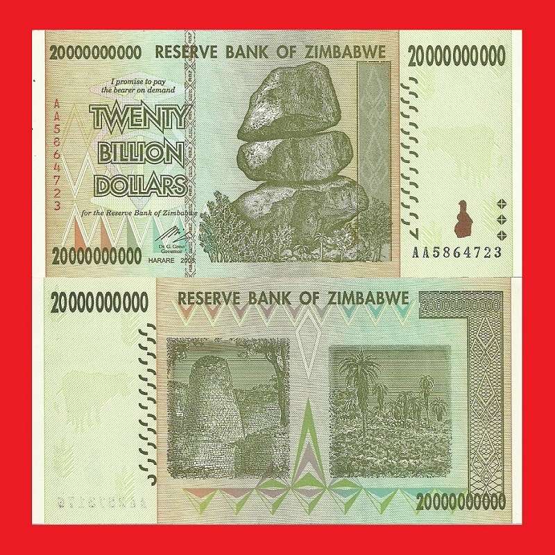 ZIMBABWE 20 Billion Dollar Banknote Serial AA5864723 AU
