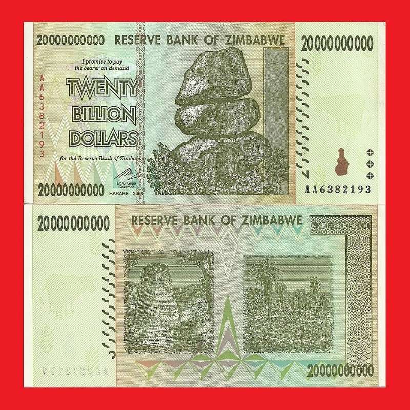 ZIMBABWE 20 Billion Dollar Banknote Serial AA6382193 AU
