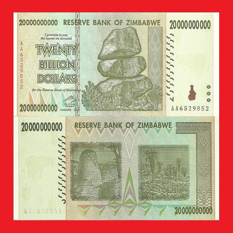 ZIMBABWE 20 Billion Dollar Banknote Serial AA6529852 AU