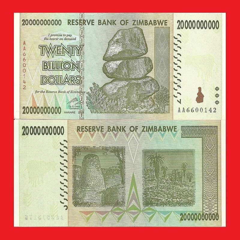 ZIMBABWE 20 Billion Dollar Banknote Serial AA6600142 AU