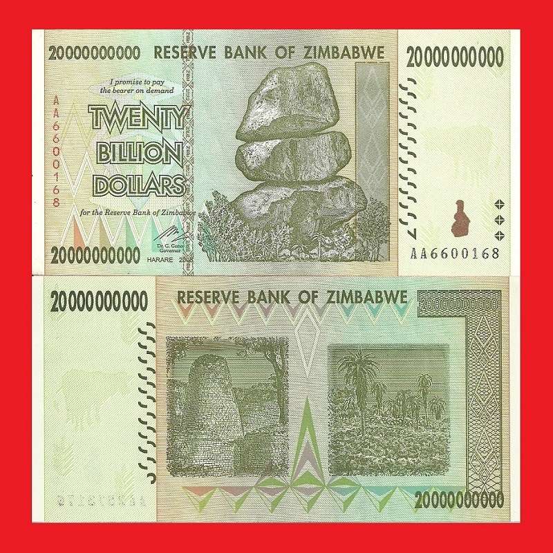 ZIMBABWE 20 Billion Dollar Banknotes Serial AA6600168 AU