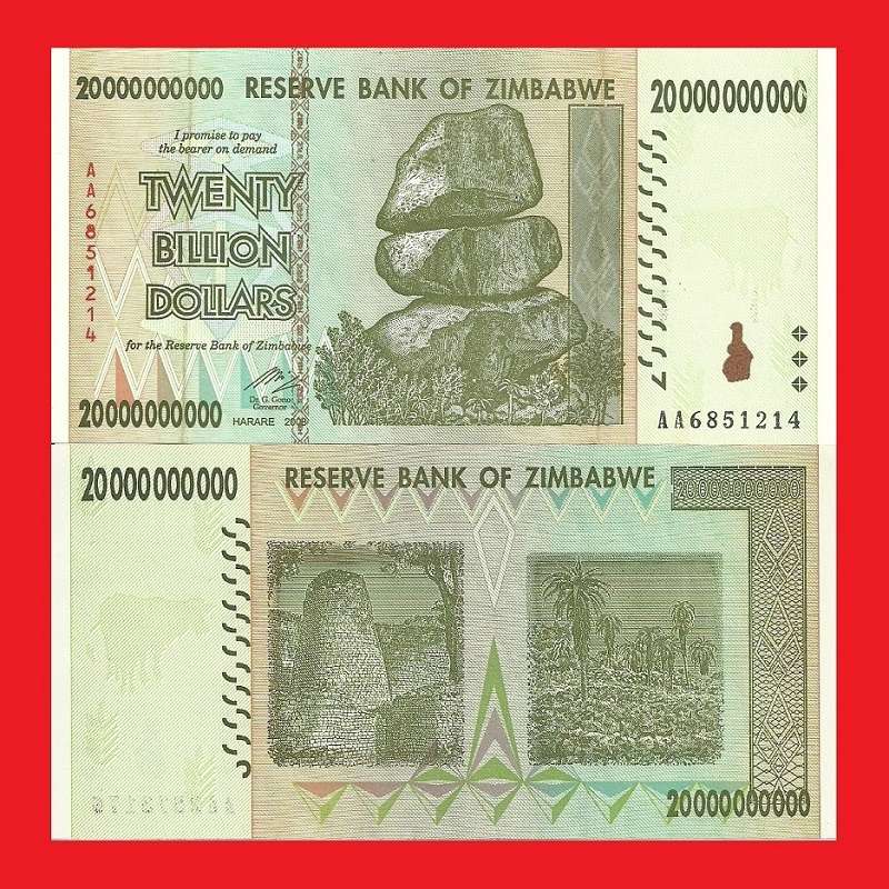 ZIMBABWE 20 Billion Dollar Banknote Serial AA6851214 AU