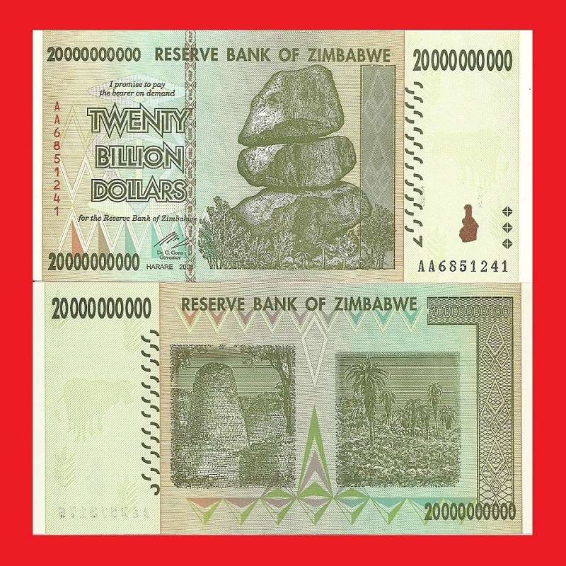 ZIMBABWE 20 Billion Dollar Banknote Serial AA6851241 UNC