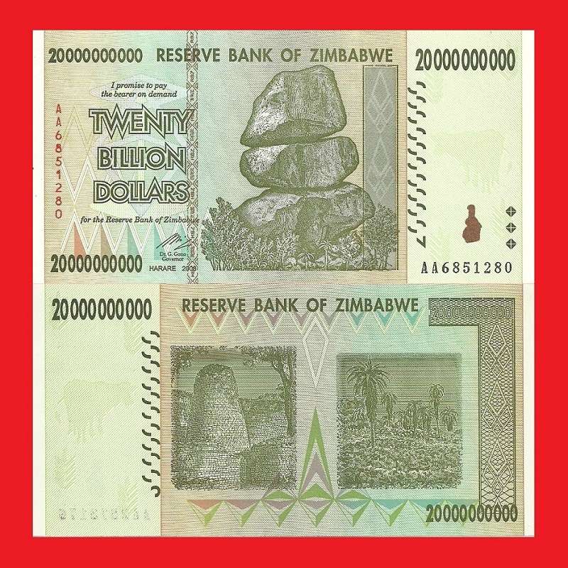ZIMBABWE 20 Billion Dollar Banknote Serial AA6851280 UNC