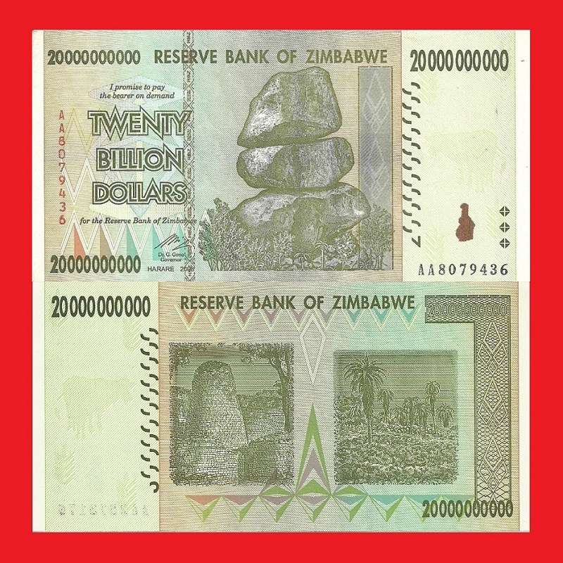 ZIMBABWE 20 Billion Dollar Banknote Serial AA8079436 AU