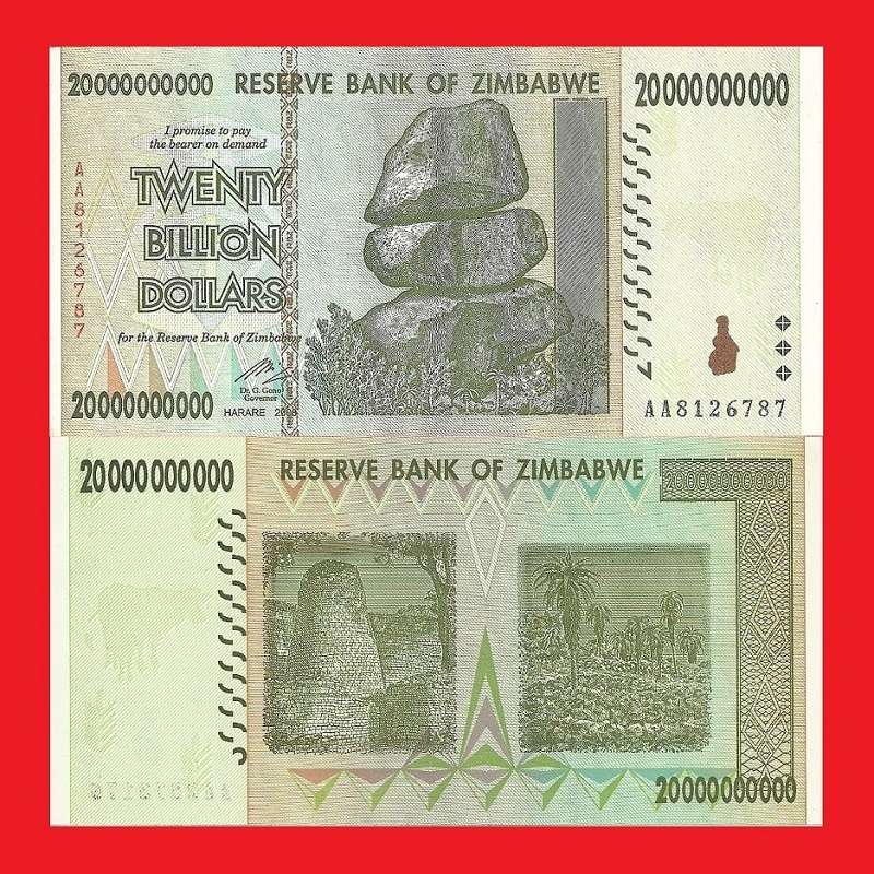 Zimbabwe 20 Billion Dollar Banknote Serial AA8126787 UNC