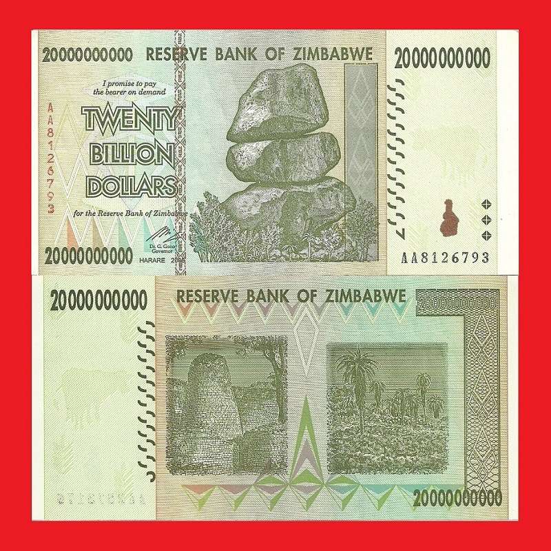 ZIMBABWE 20 Billion Dollar Banknote Serial AA8126793 UNC