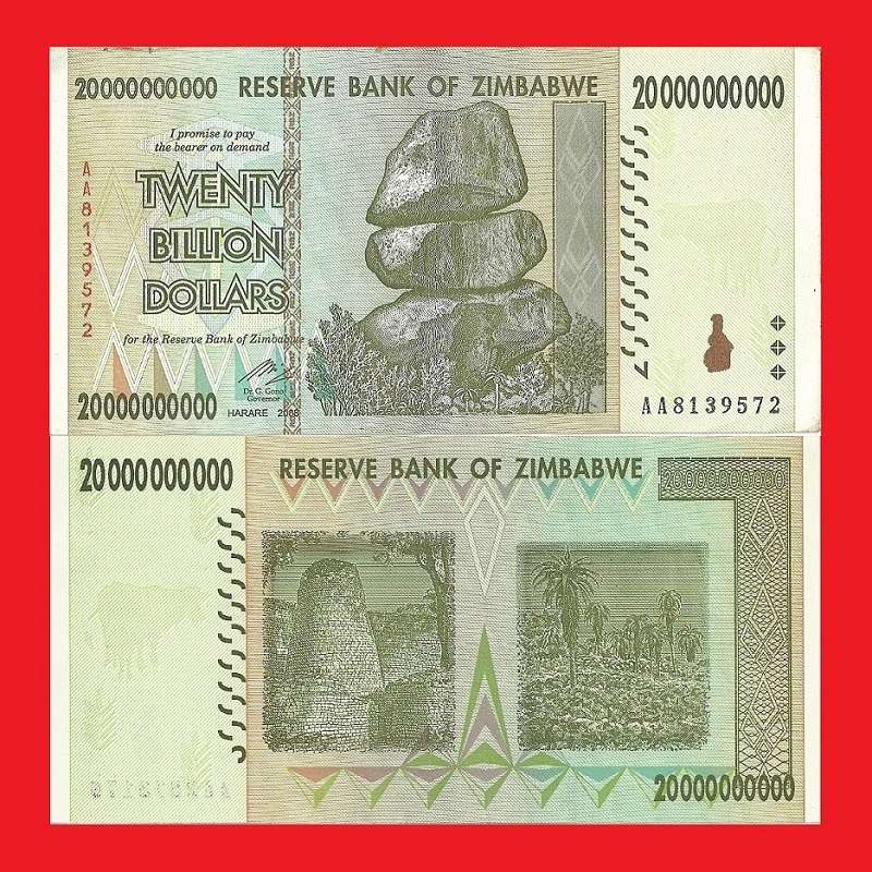 ZIMBABWE 20 Billion Dollar Banknotes Serial AA8139572 AU