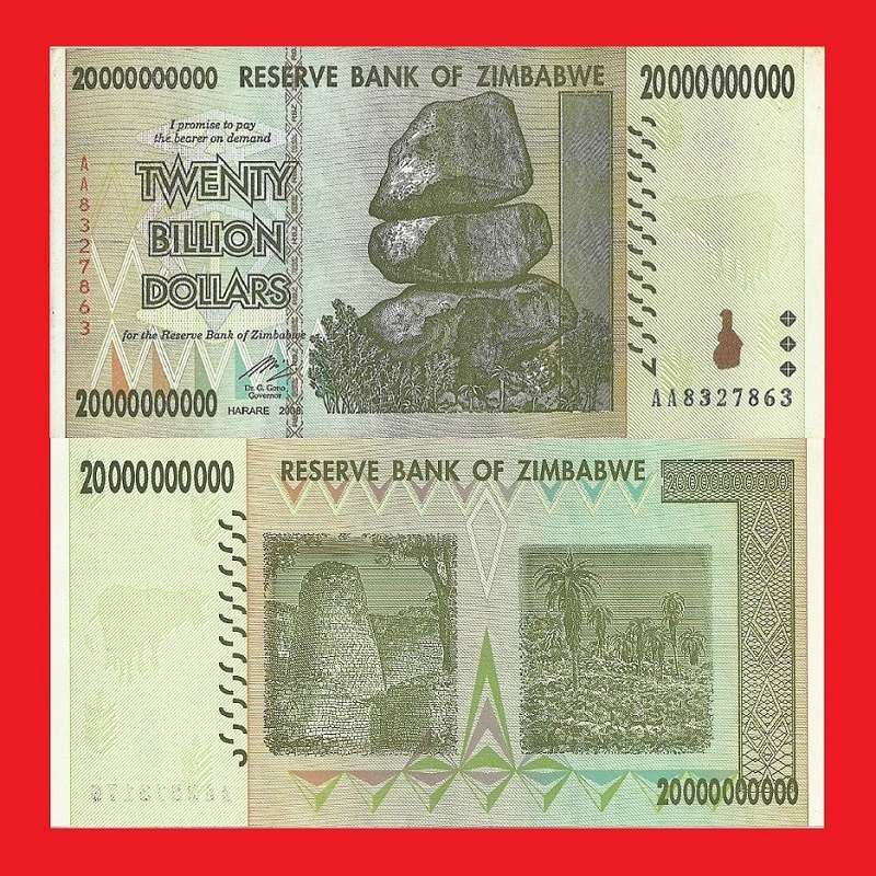 Zimbabwe 20 Billion Dollar Banknote Serial AA8327863 AU