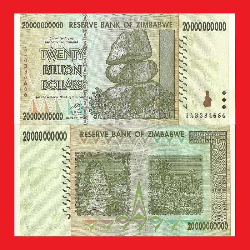 ZIMBABWE 20 Billion Dollar Banknote Serial AA8334666 AU