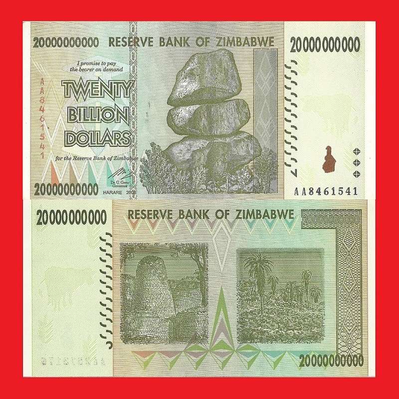 ZIMBABWE 20 Billion Dollar Banknote Serial AA8461541 AU