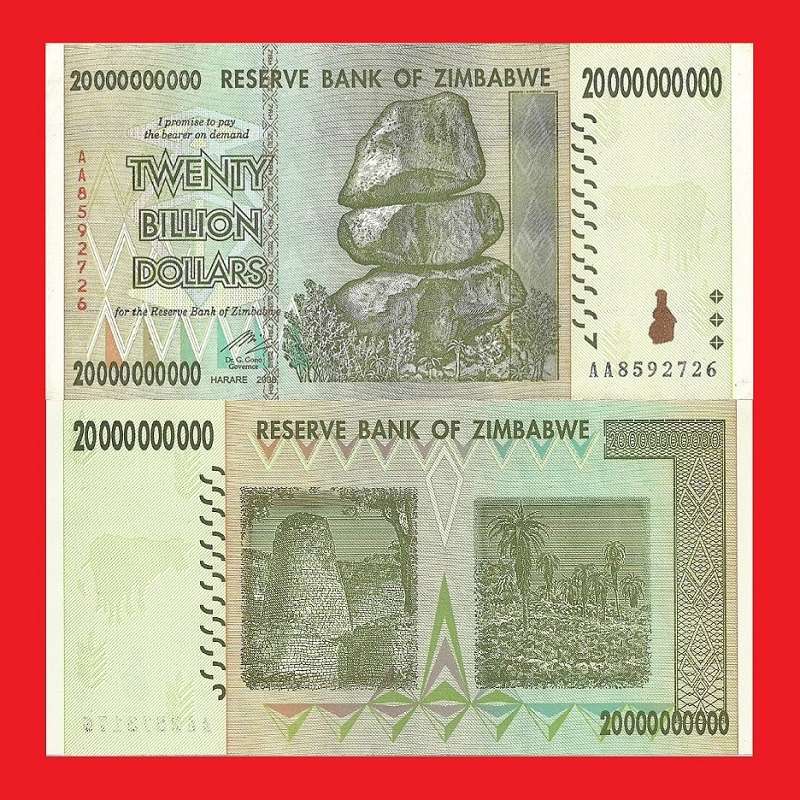 ZIMBABWE 20 Billion Dollar Banknote Serial AA8592726 AU