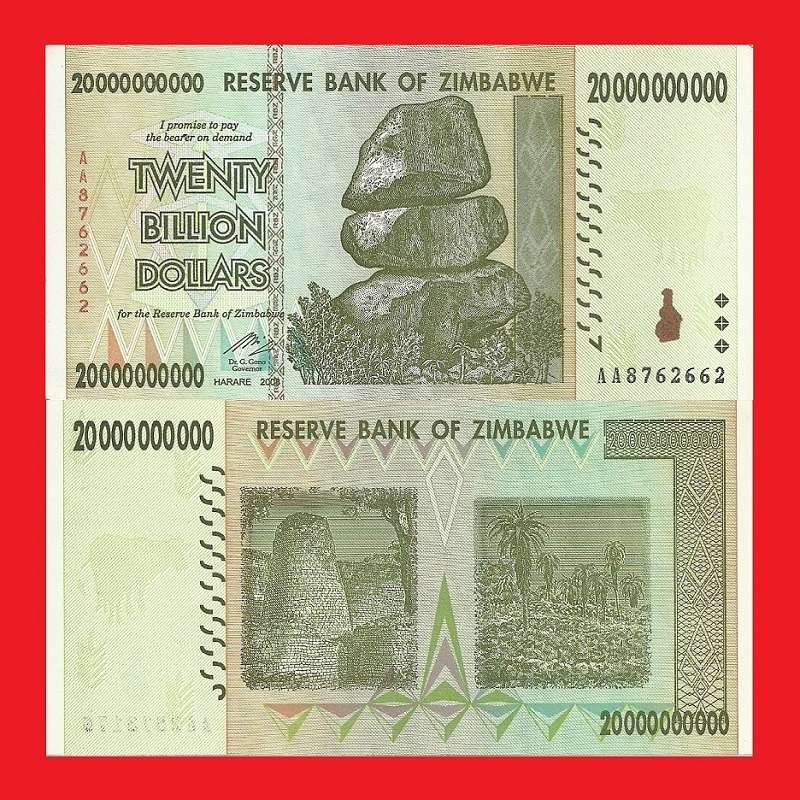ZIMBABWE 20 Billion Dollar Banknote Serial AA8762662 AU