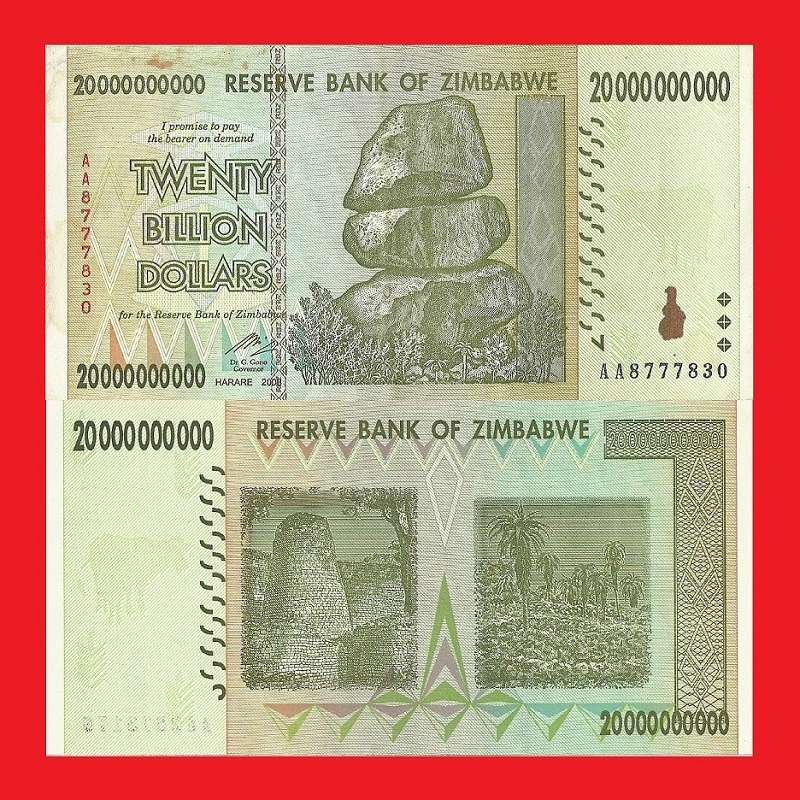 ZIMBABWE 20 Billion Dollar Banknote Serial AA8777830 VF