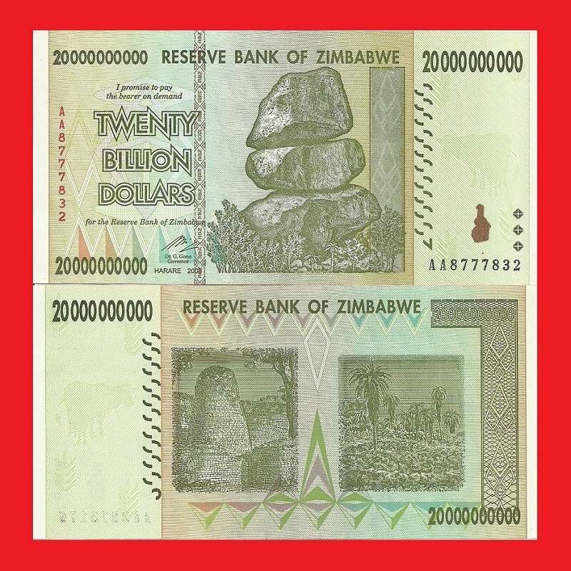 ZIMBABWE 20 Billion Dollar Banknote Serial AA8777832 UNC