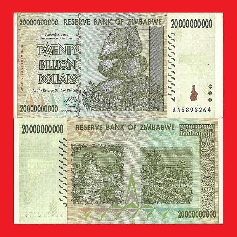 ZIMBABWE 20 Billion Dollar Banknote Serial AA8893264 AU