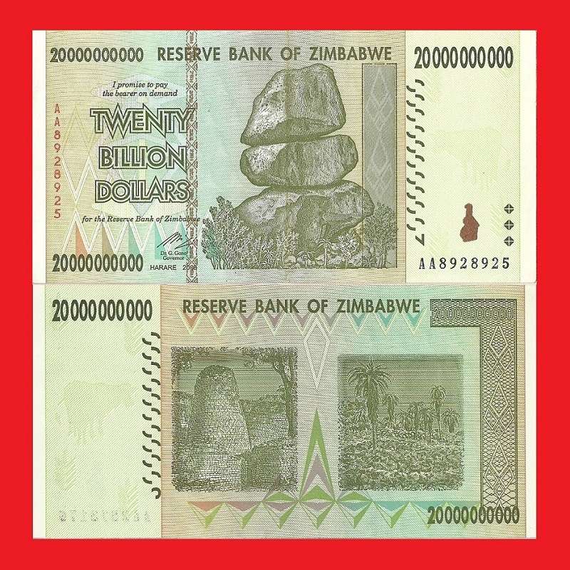 ZIMBABWE 20 Billion Dollar Banknote Serial AA8928925 AU
