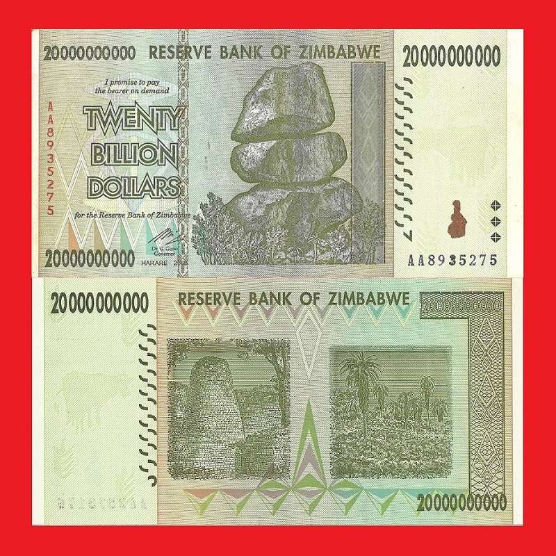 ZIMBABWE 20 Billion Dollar Banknote Serial AA8935275 AU