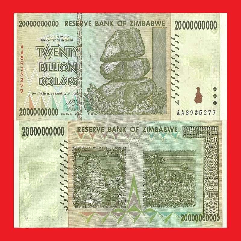 ZIMBABWE 20 Billion Dollar Banknote Serial AA8935277 UNC