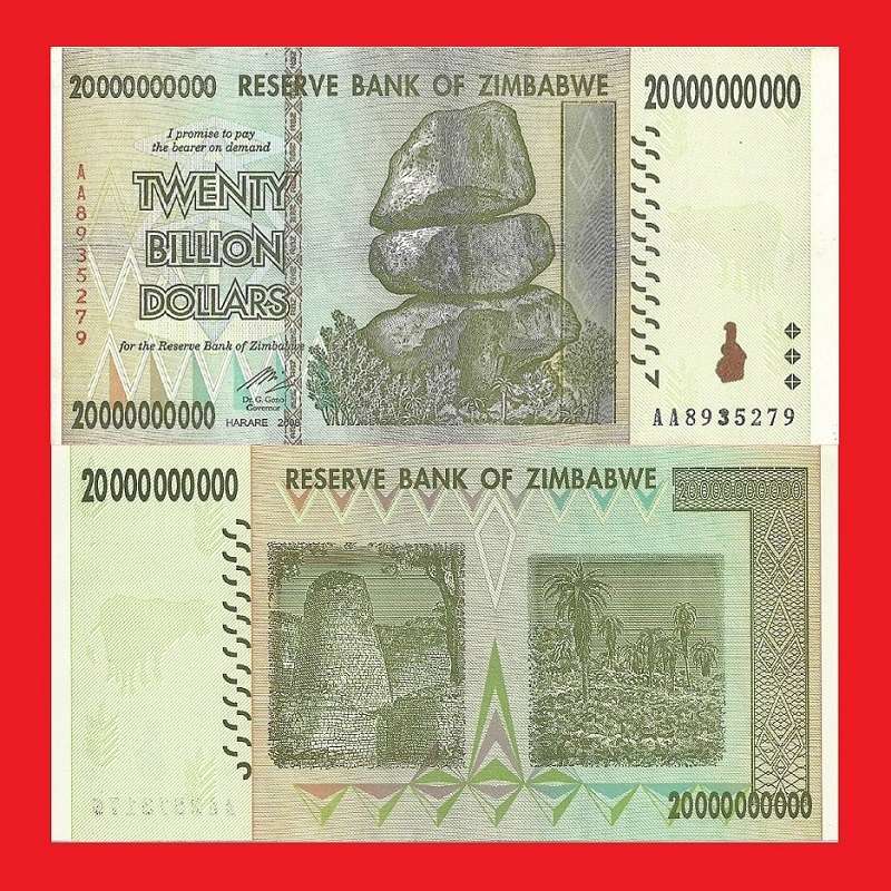 ZIMBABWE 20 Billion Dollar Banknote Serial AA8935279 UNC