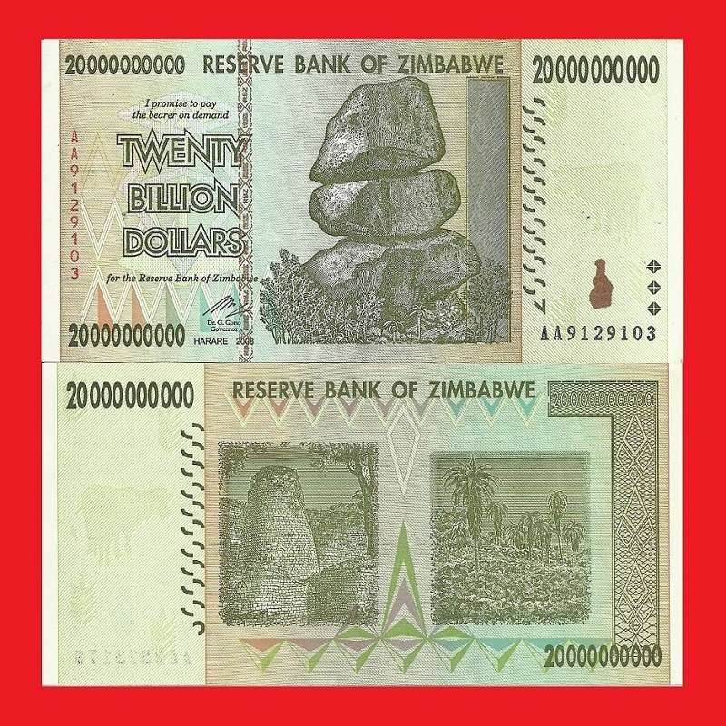 Zimbabwe 20 Billion Dollar Banknote Serial AA9129103 AU