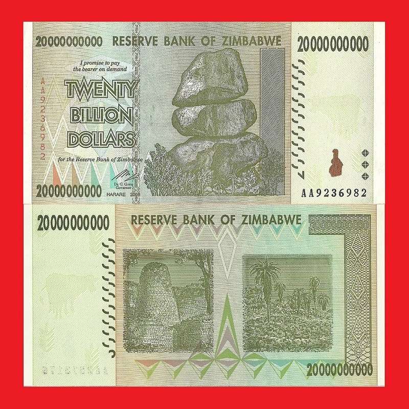 Zimbabwe 20 Billion Dollar Banknote Serial AA9236982 AU