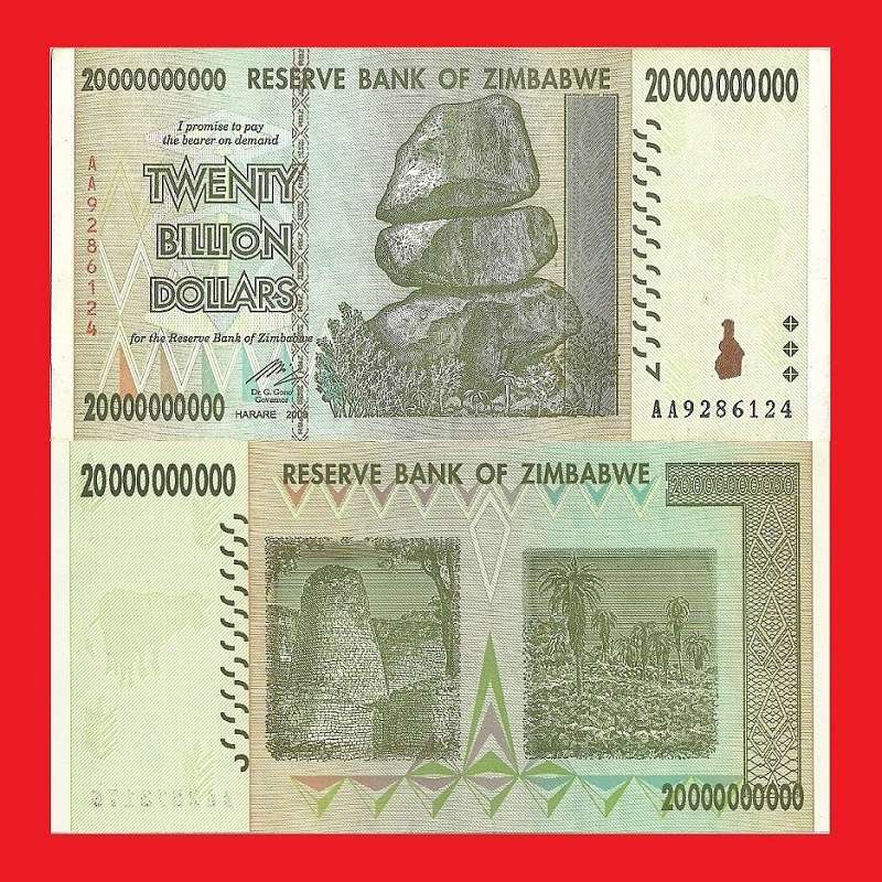 Zimbabwe 20 Billion Dollar Banknote Serial AA9286124 AU