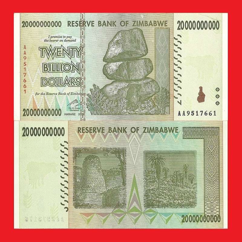ZIMBABWE 20 Billion Dollar Banknote Serial AA9517661 AU